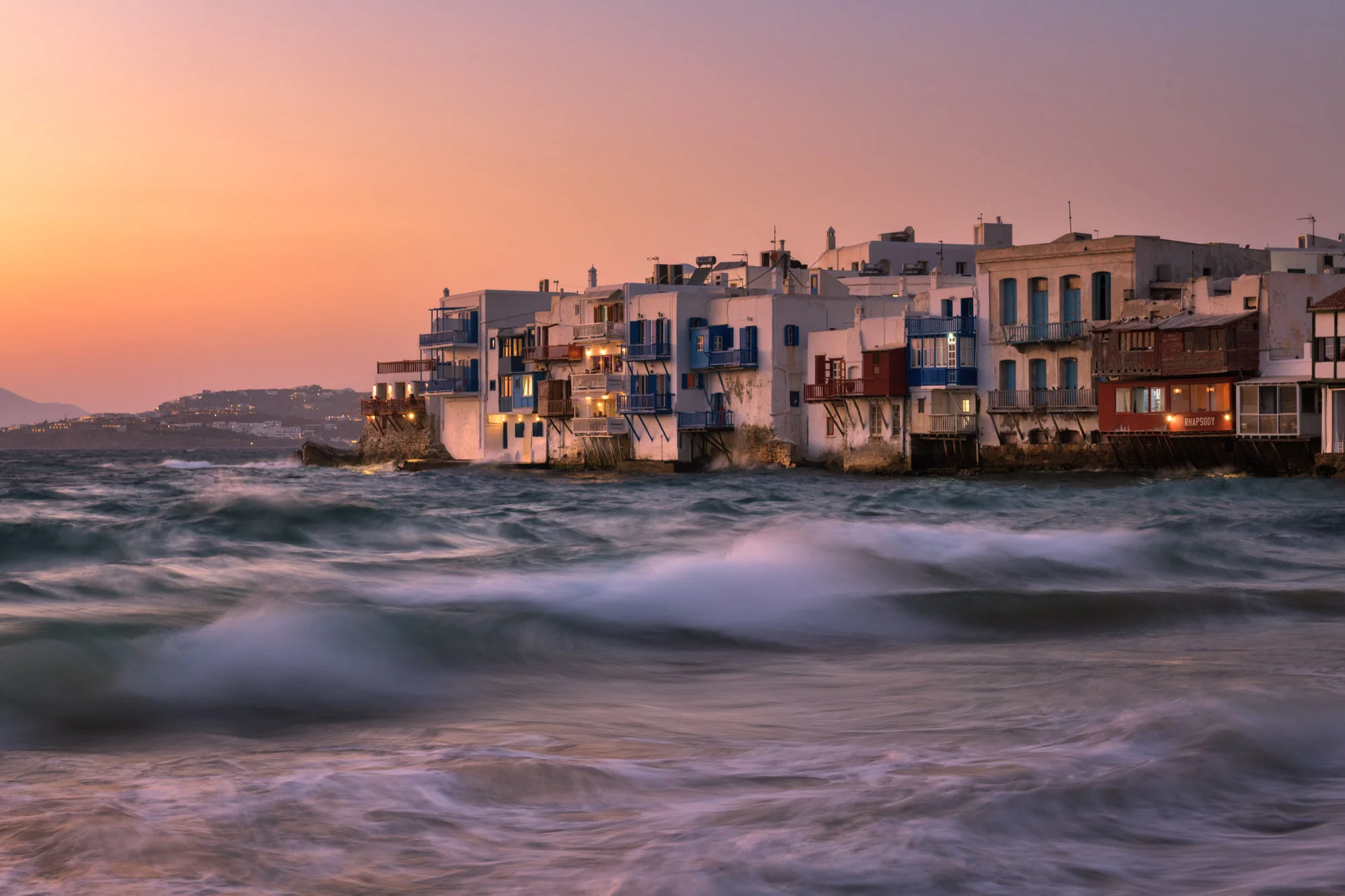 Little Venice in Chora in the Evening, Mykonos, Greece